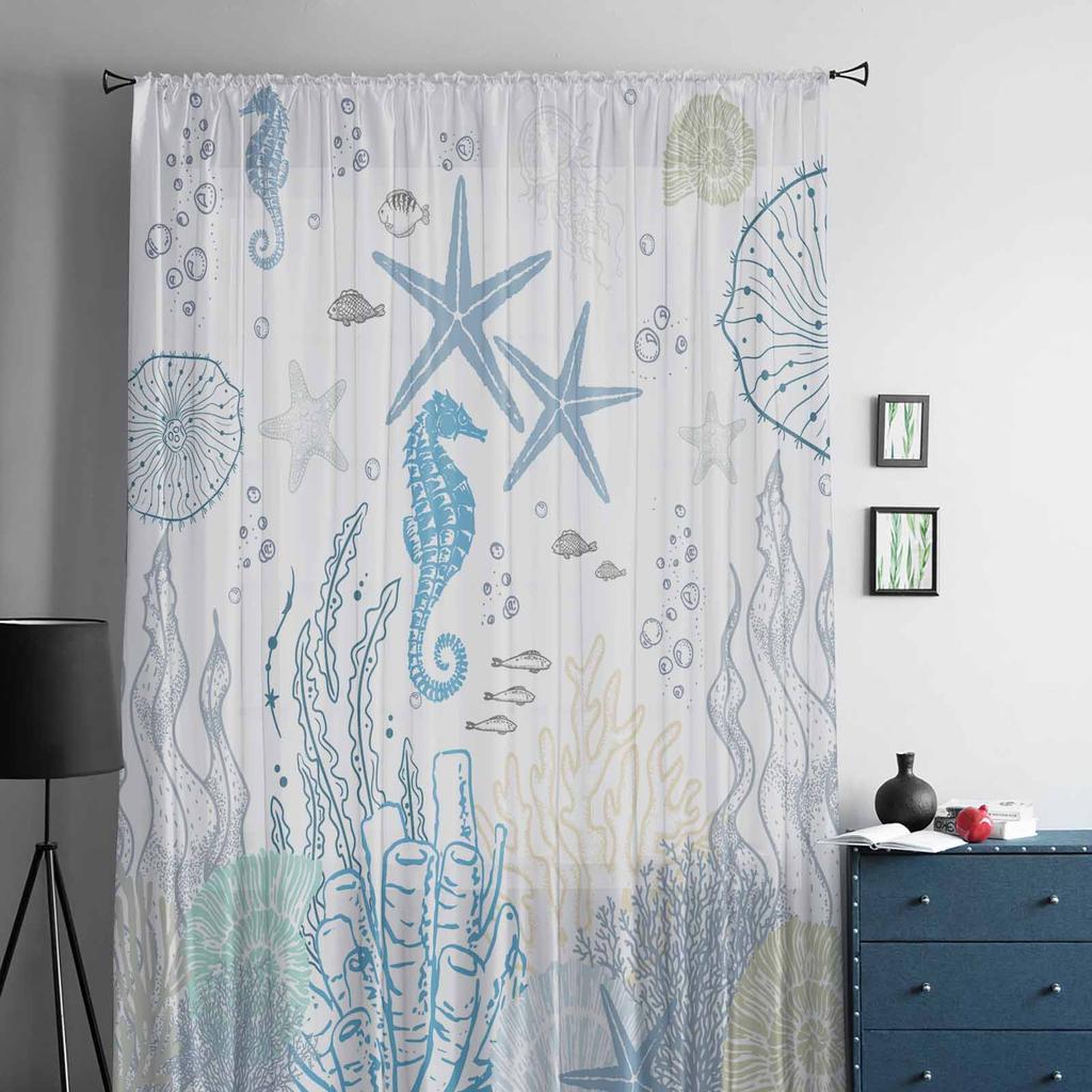 Marine Coral Seahorse Conch Window Tulle Curtains for Living Room Bedroom Hotel Luxury Decoration Sheer Curtains