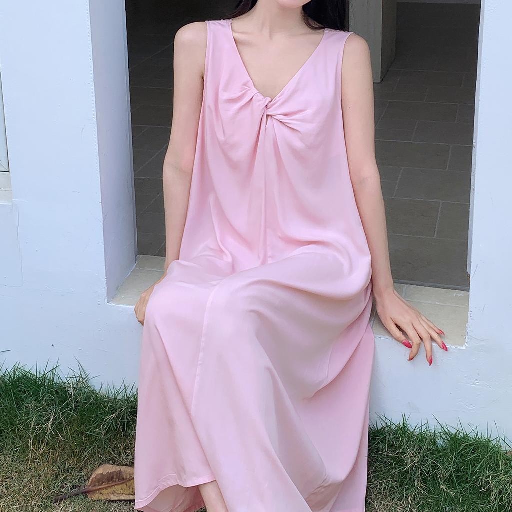 Maillard Solid Color Kinked Sleeveless Vacation Dress Women's Summer Loose and Thin Cotton and Silk Nightdress Can Be Worn Outside Cotton Silk Skirt