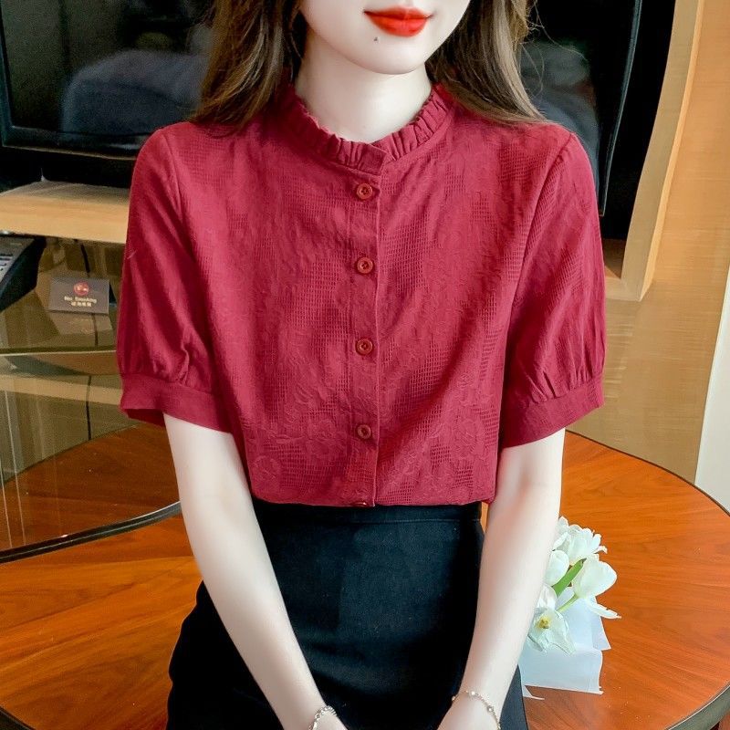 Summer thin pure cotton shirt women's fashionable cotton versatile temperament jacquard top
