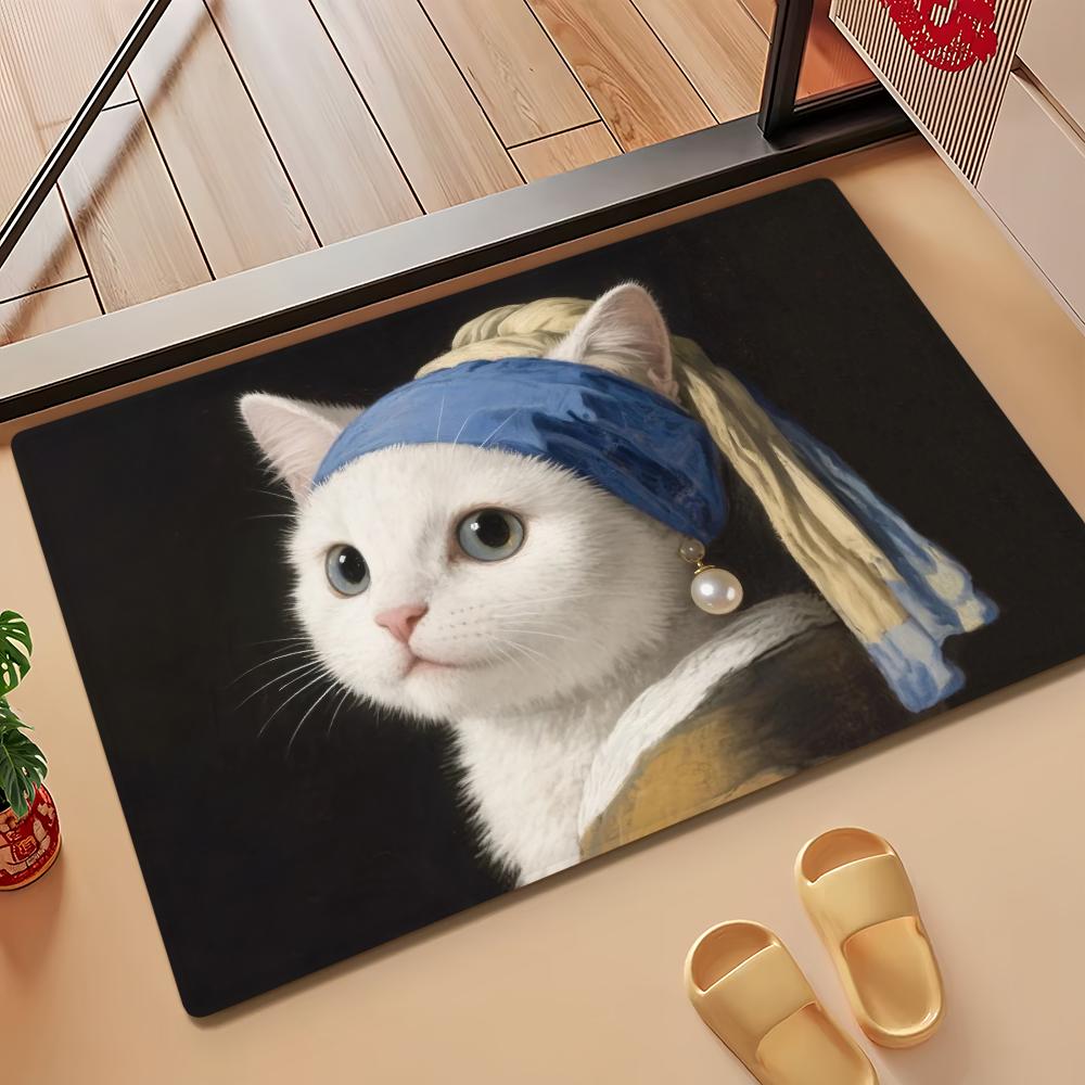 Girl with a Pearl Earring Cute Cat Microfiber Decorative Versatile Flannel Door Bath Floor Mat Quick Dry Absorbent Non-slip Sole