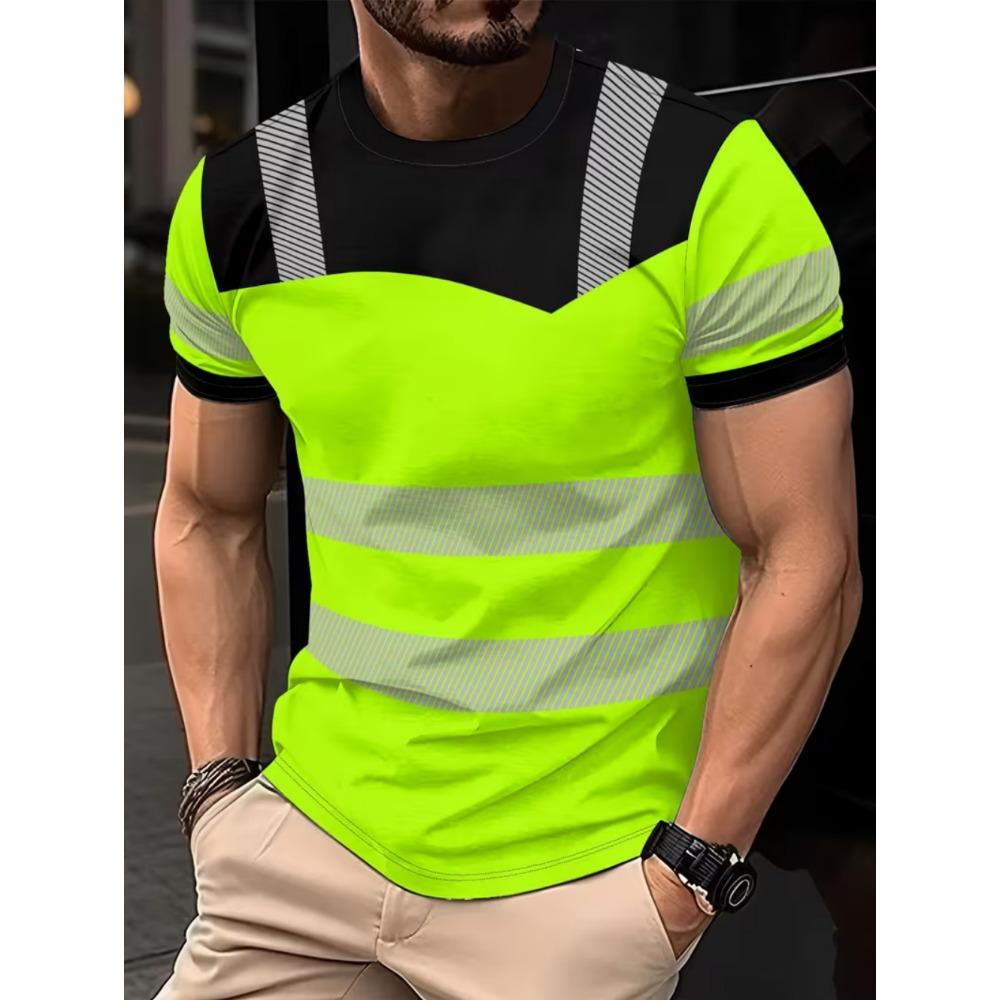 Men's 3D Printed New Safety Sign Color-Block Design Short Sleeve Fashionable Summer Casual