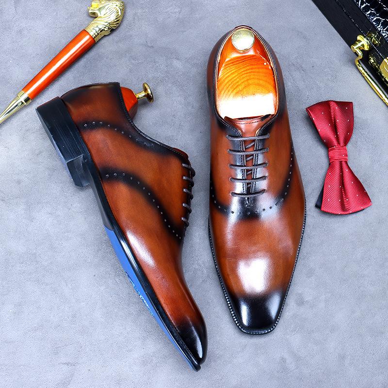 Fashion Business Formal Wear Pointed Toe Shoes Men's Leather Oxfords Male Cowhide Lining British Carved Mens Handmade Bullock Shoes