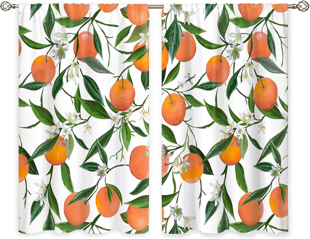 Orange Leaves Small Kitchen Curtains Allover Fruits Citru Window Treatment Leaves Rod Pocket Cafe Short Window Curtains for