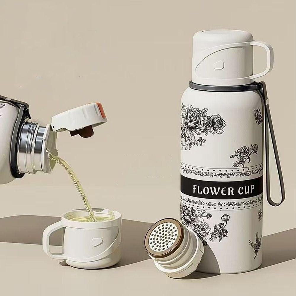Stainless Steel Gardenia Thermo Bottle Double Layer Large-capacity Sports Kettle with Cover Bowl Tea Drain