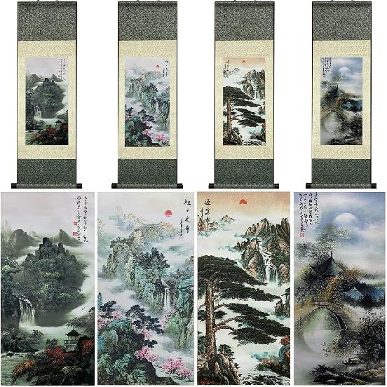 AtfArt Asian Wall Decor - Beautiful Silk Scroll Painting of Waterfall River Landscape - Mountain Spring Autumn Color Oriental Decor Chinese Art Wall
