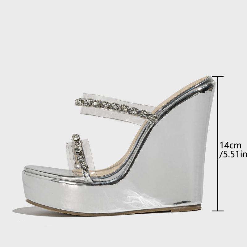 New Slippers Women Transparent Rhinestone Nightclub Party Wedges Heels Slip On Sandals Shoes