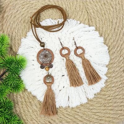 Böhmischer Vintage-Stil Fransenanhänger Holzkreis-Design Lange Halskette Ohrringe Schmuck AVE