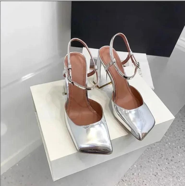 Fashion Minimalist Square Head Rhinestone Mary Jane Sandals 2024 Summer New Girls Candy Banquet Party Fashion High Heels Shoes size 43