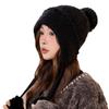 Thickened Double-layer Ear Protection and Cold-proof Three-hair Ball Fake Rabbit Hair Hat for Girls, Winter Velvet Face Protection Knitted Hat