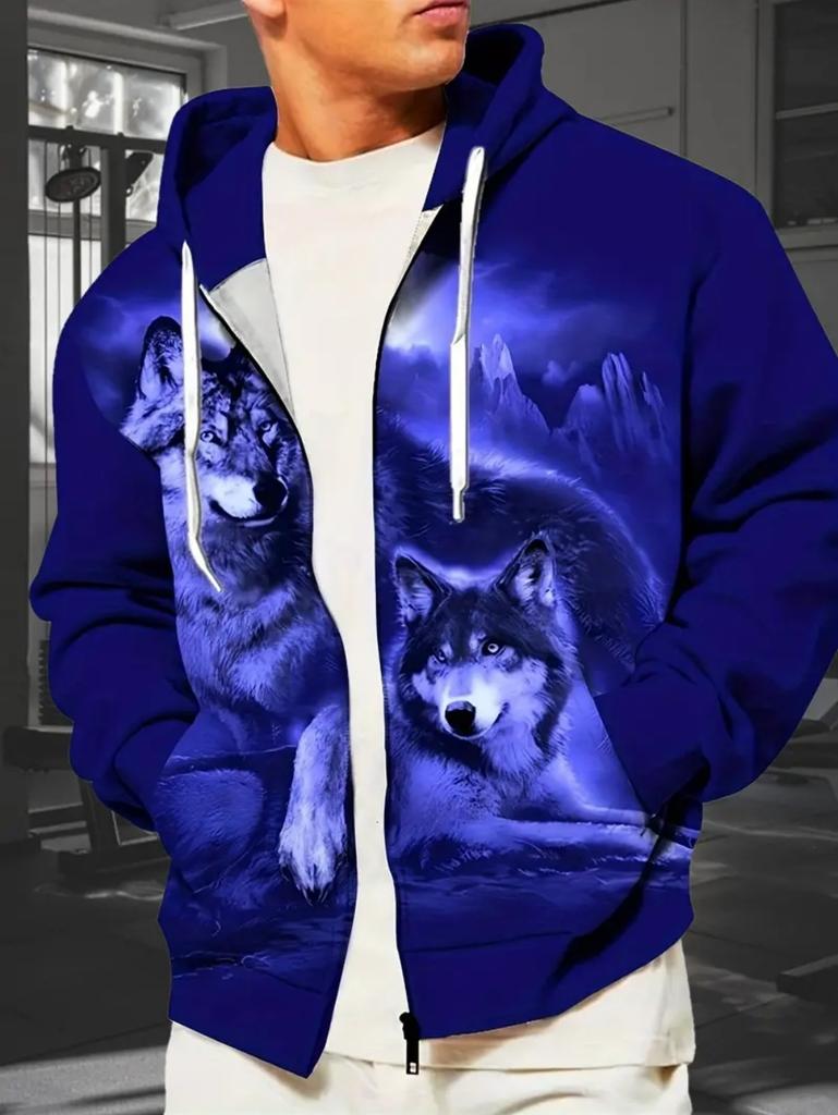 Mens Full Zip Hooded Wolf Graphic Drawstring Hood Side Pockets Lightweight Outerwear Sports Gym Long Sleeve Oversize Sweatshirt