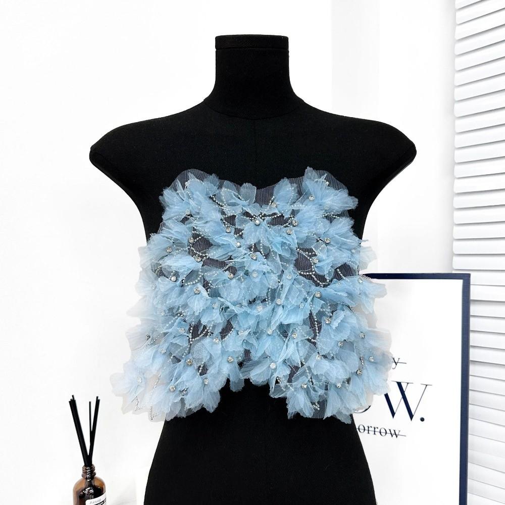 Double Layer Mesh Lace Accessories Heavy Industry Chest Wrap DIY Clothing Accessories Pleated Design Ruffle Trim Beaded Applique L синий
