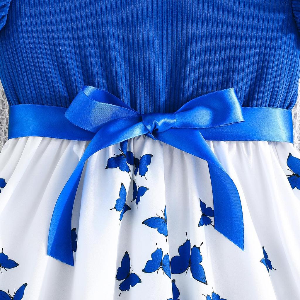 Girls' Sleeveless Butterfly Print Dress & Belt Set