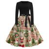 Damen Vintage Weihnachtsdruck Langarm Rundhals Abendpartykleid für Feiertagsveranstaltungen