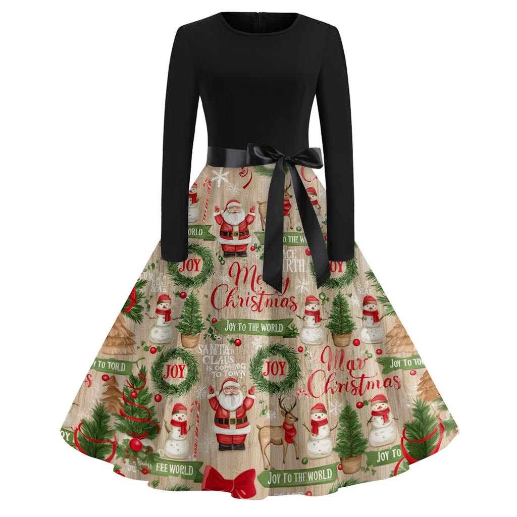 Damen Vintage Weihnachtsdruck Langarm Rundhals Abendpartykleid für Feiertagsveranstaltungen