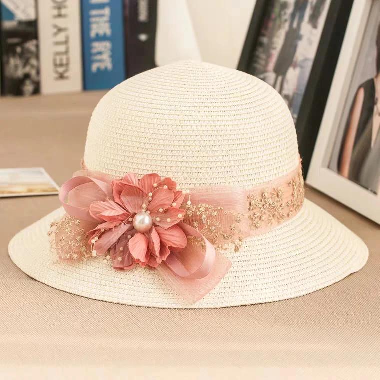 

WTEMPO Women Travel Beach Breathable Lace Ribbon Flower Sun Hats Wide Brim Solid Color Spring Summer Foldable Sunscreen Hats 1pc бежевый