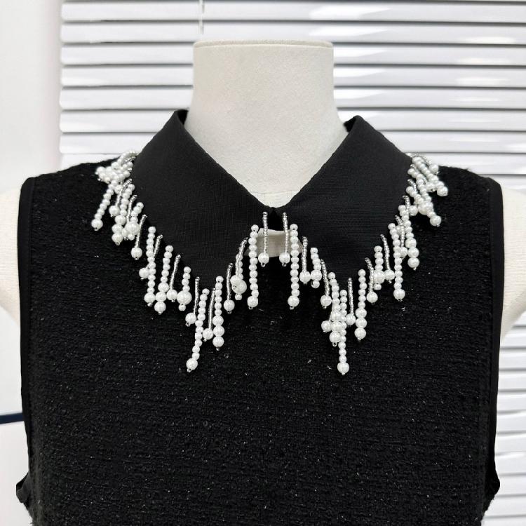 Elegant Pearls Beaded Bib Faux Collar Half Shirt for Women Lapel False Collar Detachable Collar Neckline Choker Necklace