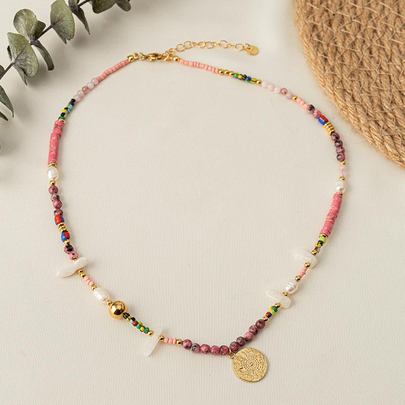 GEMCHIC Women s Vintage Pink Natural Stone Beaded Necklace with Freshwater Pearl and Gold Coin Pendant