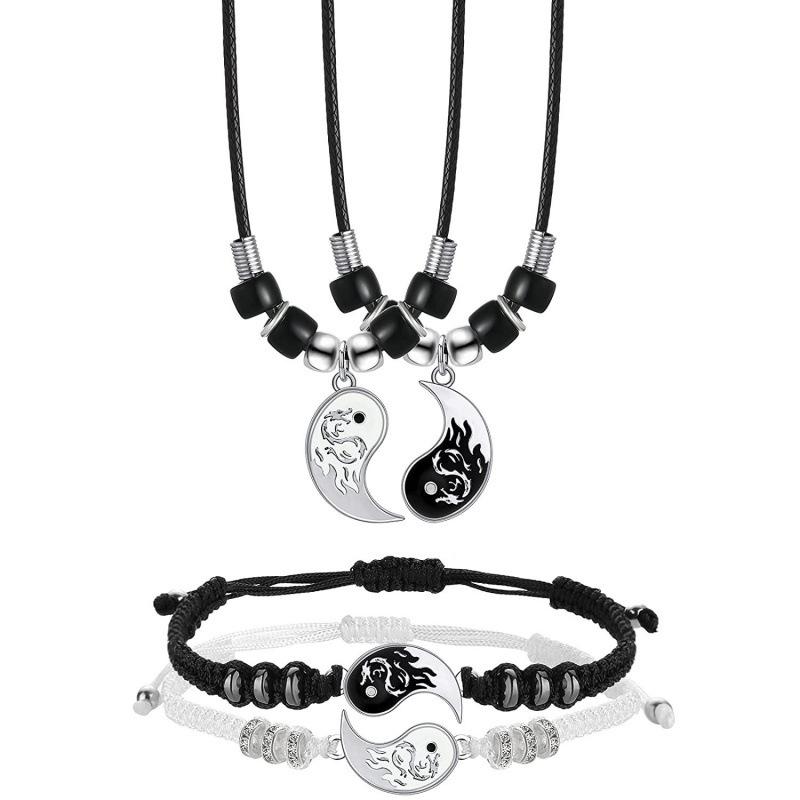 Zwei verstellbare Yin-Yang-Muster Armbänder und Halsketten Set, Anhänger, Partner-Stil.