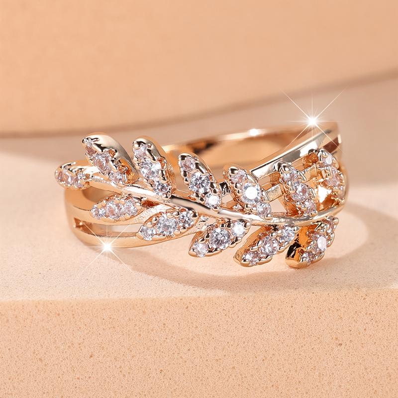 Anelli vintage con foglia di zircone bianco per donna, anello di fidanzamento di lusso color oro rosa per matrimonio