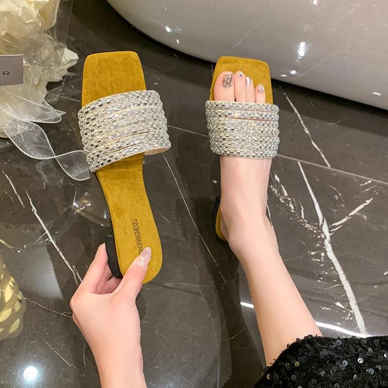Fashion 2025 Summer Women Square Toe Crystal Slippers Fashion Dress Flats Shoes Ladies Concise Outdoor Beach Slides