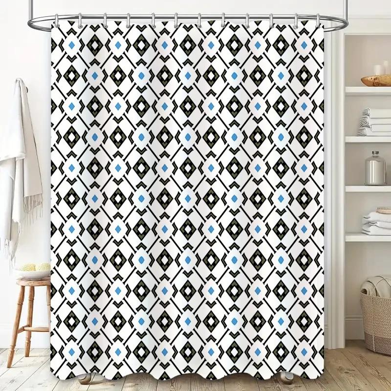 Modern Style Black White Blue Geometric Pattern Waterproof Shower Curtain Decoration for Bathroom 72x39inches