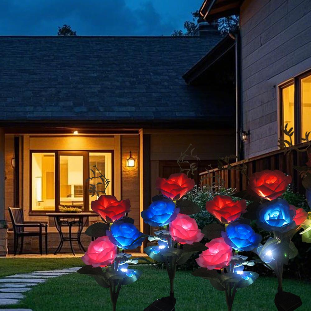 Outdoor Waterproof Solar Rose Lights with 3 Realistic Lighted Flower Heads and Butterfly Garden Decorative Lamp for Patio Decor