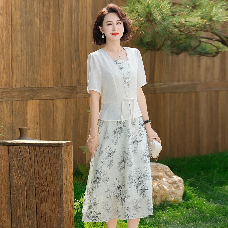 

Mother s Summer Chinese-Style Elegant Two-Piece Dress Set for Middle-Aged and Elderly Women 2XL (53-60 kg)
