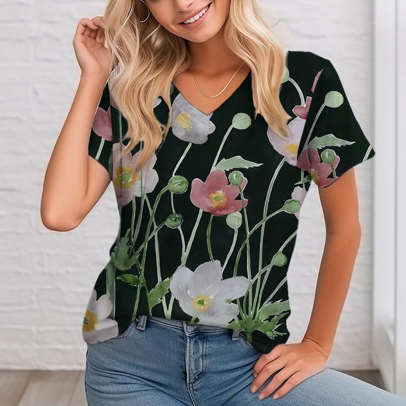 

Большой размер 7xl Женский топ с V-образным вырезом и цифровым принтом, летняя свободная женская футболка с короткими рукавами и цветочным принтом XXXL