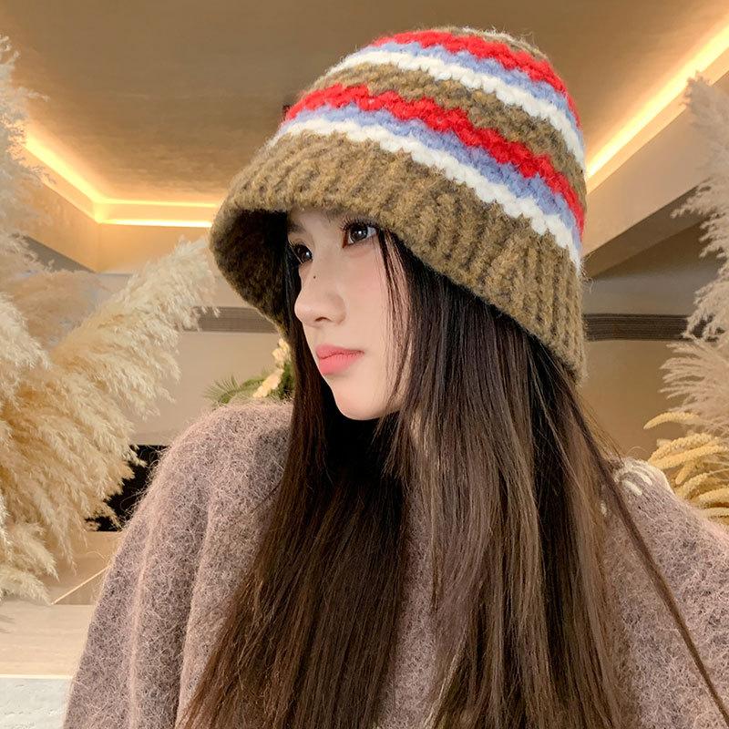 Модная полосатая плюшевая вязаная панама в сочетании цветов, женская осенне-зимняя теплая шерстяная шляпа-ведро one size