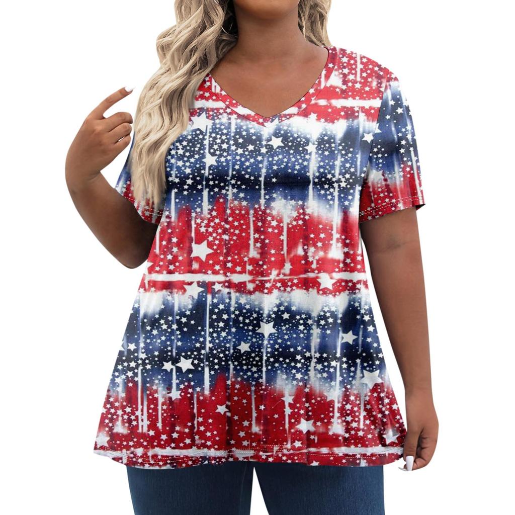 Womens Plus Size Tops Shorts Sleeve Shirts V Neck Casual Clothing Clothes Independence Day Printed Tops