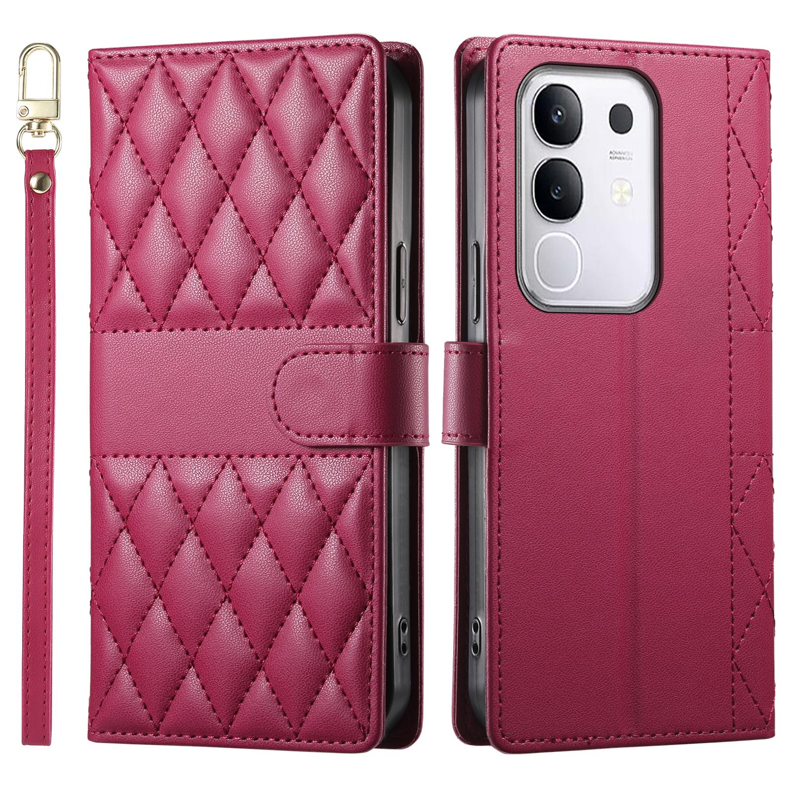 

For vivo Y29 4G Case Rhombus Stitching Wallet Stand Leather Phone Cover with Long/Short Strap E