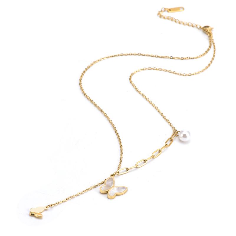 Elegant Seashell & Butterfly Titanium Necklace with Pearl Pendant for Women