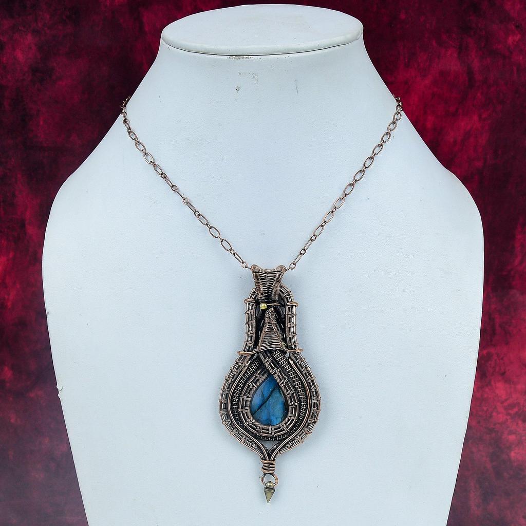 Labradorite Gemstone Pendant Copper Wire Wrapped Pendant Handmade Antique Jewelry