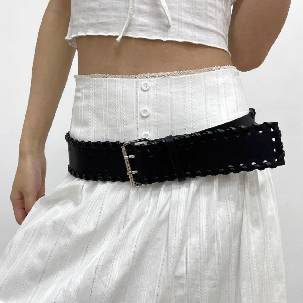Korean Style PU Leather Waistband Woven Western Cowboy Belt Fashion Women Wide Belt  Spicy Girl