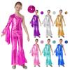 Girls Metallic Shiny Bell Bottom Dance Jumpsuit One Shoulder Flare Sleeve Bodysuit with Hair Tie