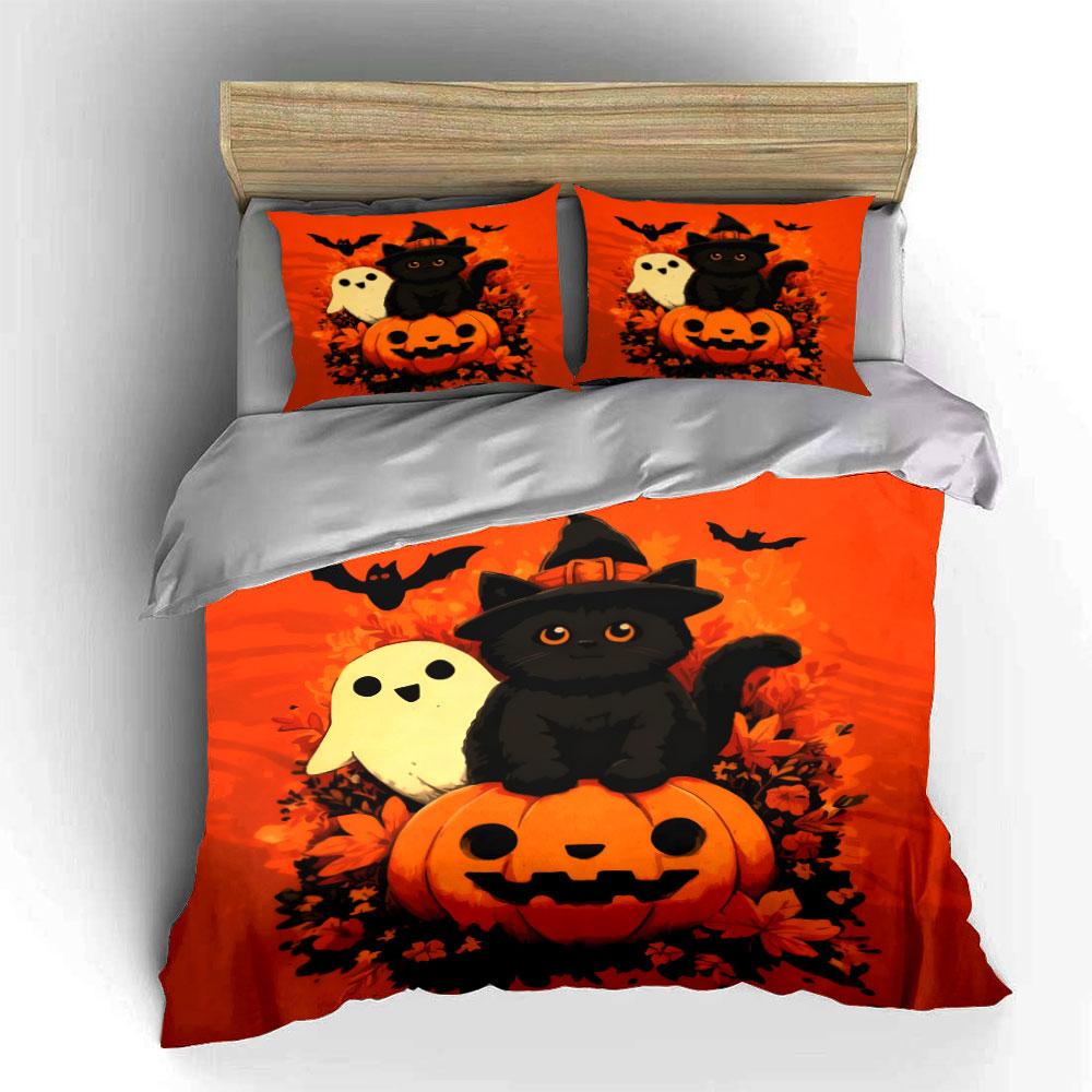 Halloween Decor Pumpkin Ghost Cat Soft Comfortable Duvet Cover Bedding Set Included 1*Duvet Cover & 2*Pillowcases, Gift