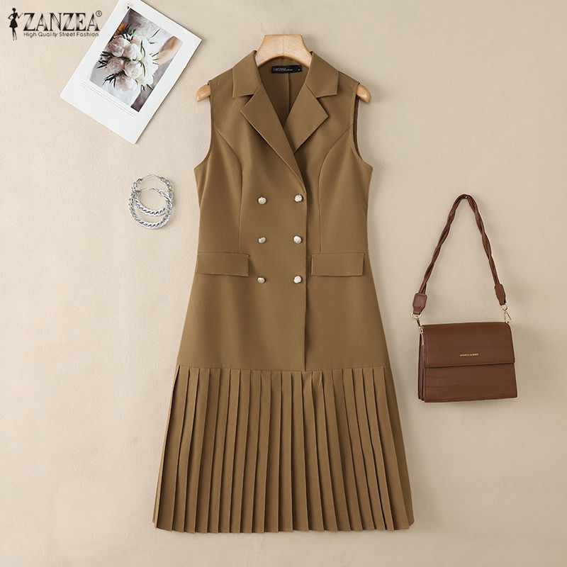 ZANZEA Women Casual Turn Down Collar Sleeveless Dress