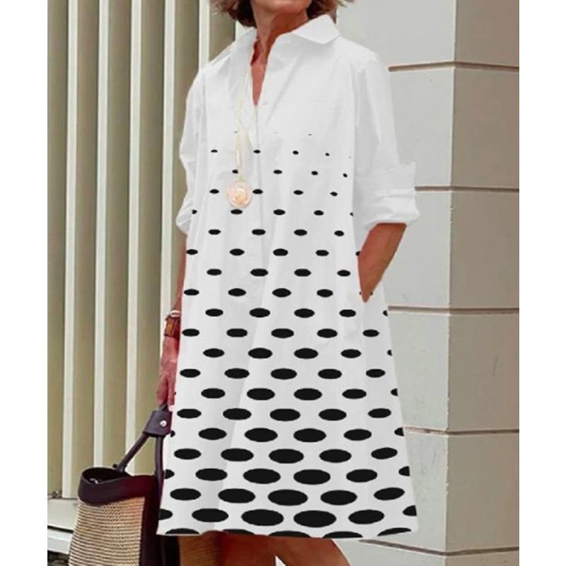 Novos produtos de outono, camisa com gola estampada de bolinhas de temperamento fashion, manga comprida, vestido médio e longo