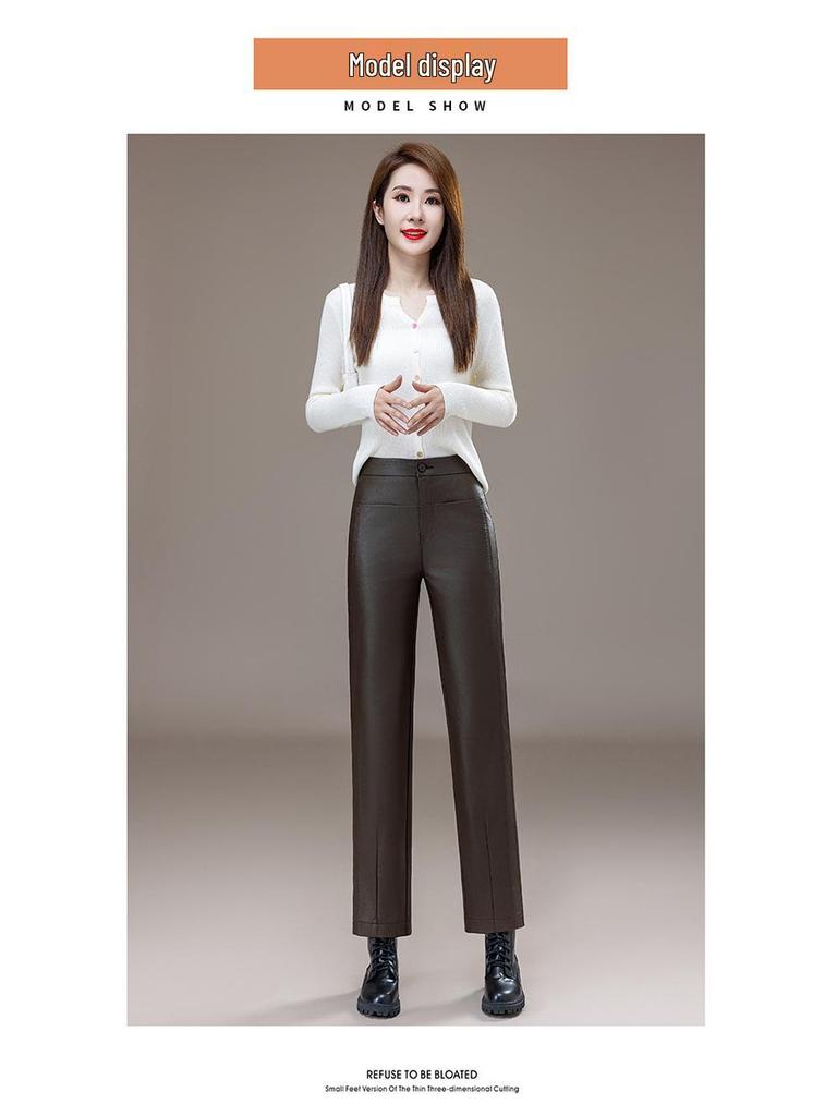 Damskie spodnie z owczej skóry z wysokim stanem i szerokimi nogawkami na Jesień/Zimę 2025 - Wszechstronna moda, Duży rozmiar, Długie proste spodnie