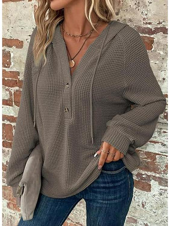 Women's V-Neck Waffle Knit Drawstring Button Long Sleeve Hoodie