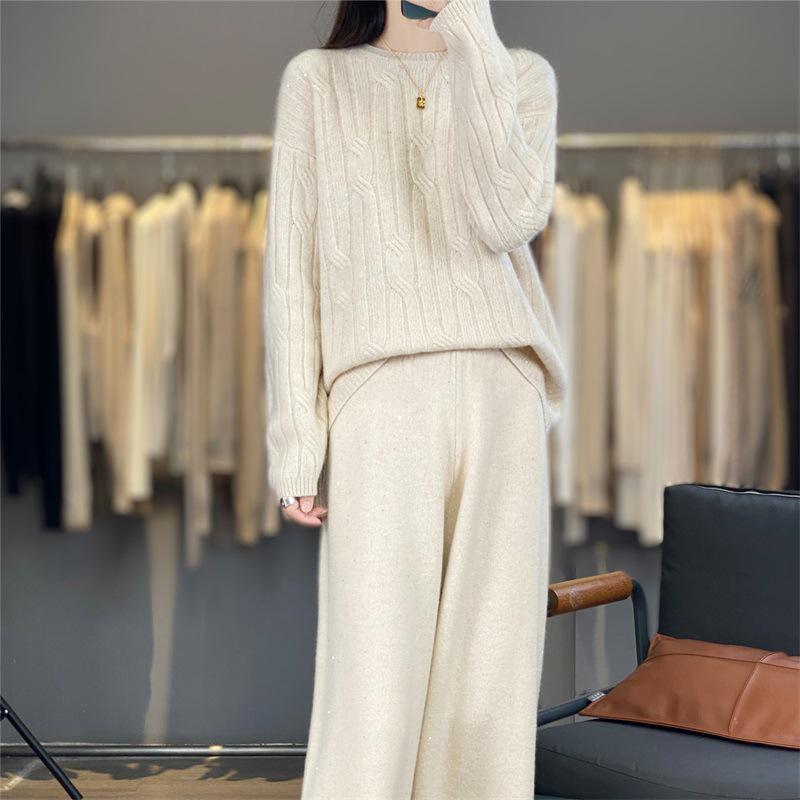 

New Wool Round Neck Knitwear & Sequined High Waist Wide Leg Pants Set L бежевий