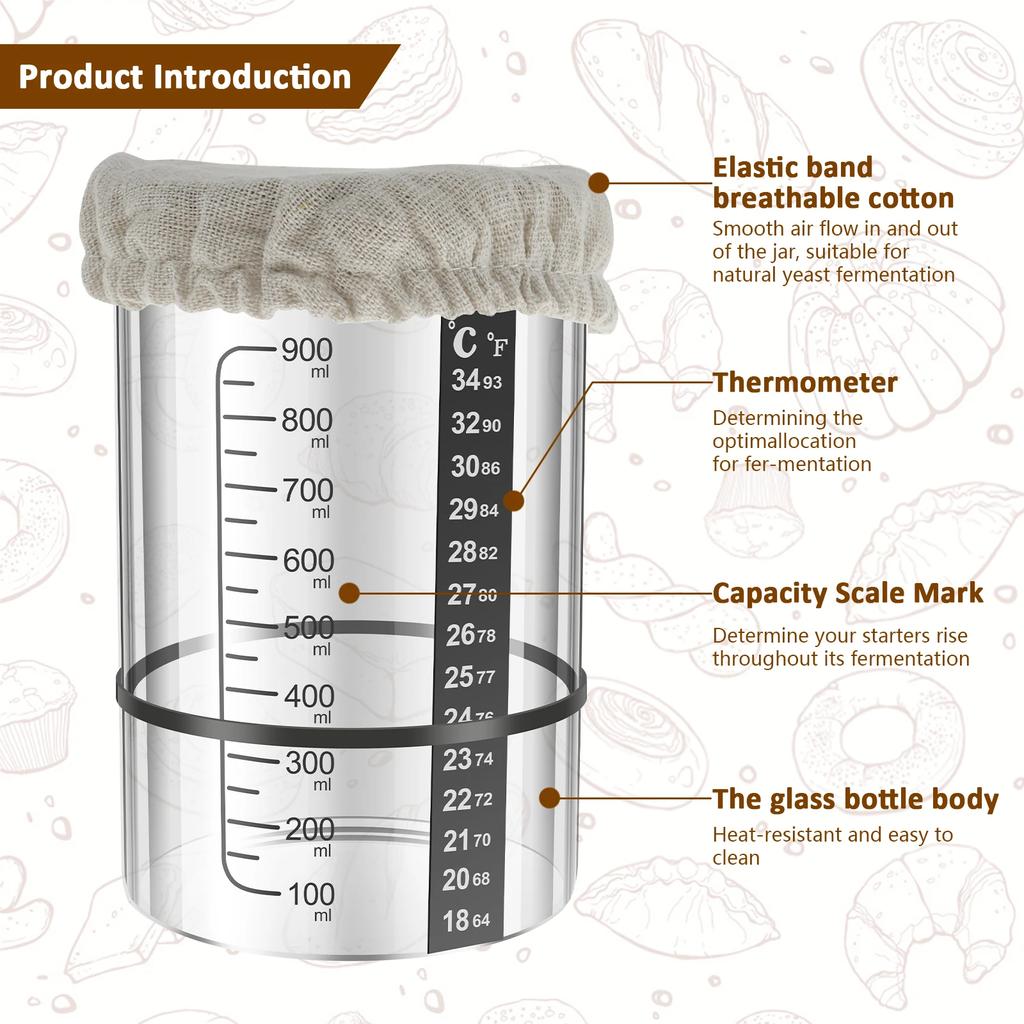 Zestaw słoików na zakwas 900 ml Pojemnik na zakwas Szklany słoik do fermentacji zakwasu z szerokim otworem do narzędzi do pieczenia chleba