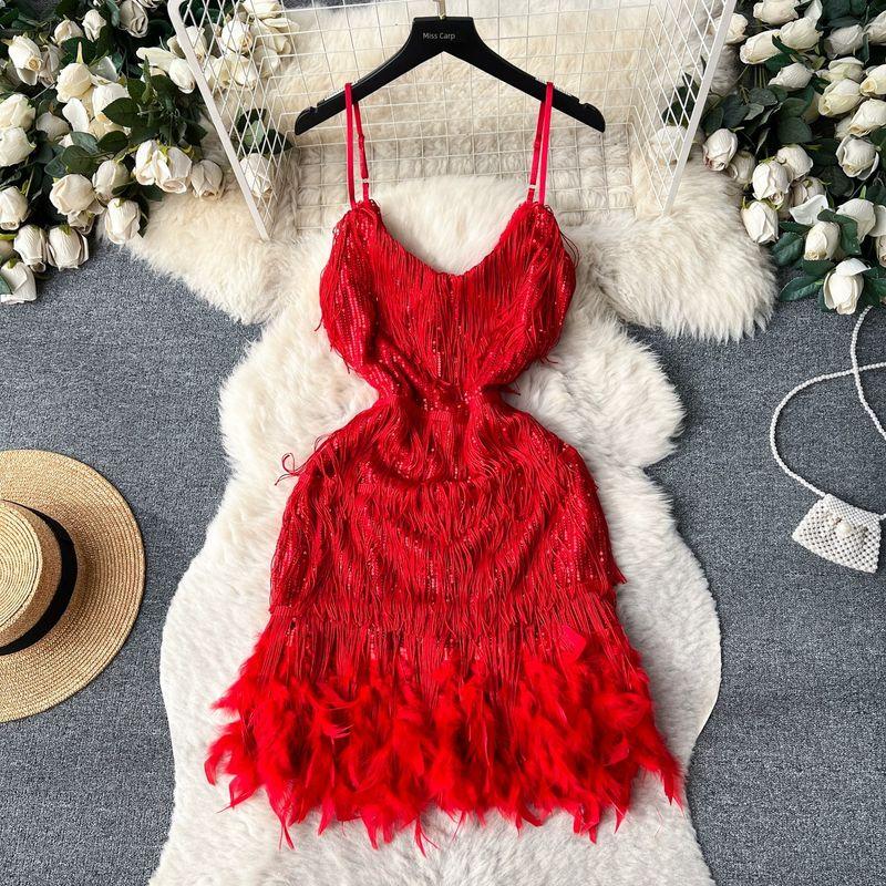 Feather Dress Ins Open Back Sling Tassel Sequins
