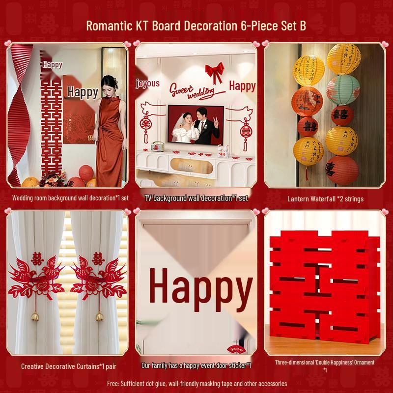 Wedding Room Décor Set: Bride & Groom's Background Wall with Double Happiness Decor