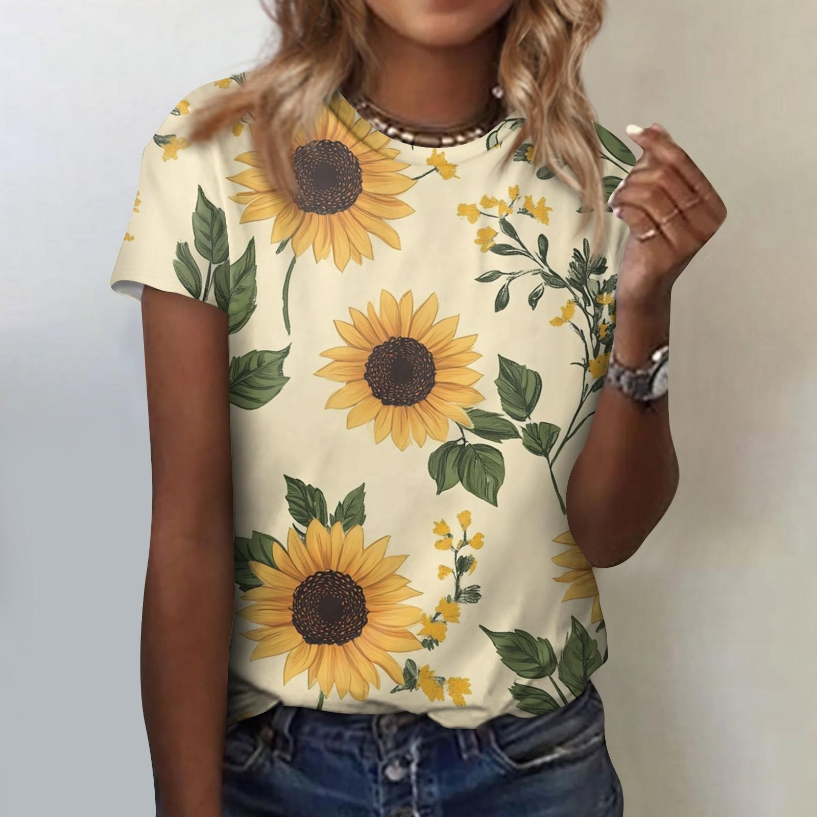 

Женская модная повседневная блузка с круглым вырезом и короткими рукавами с цветочным принтом L