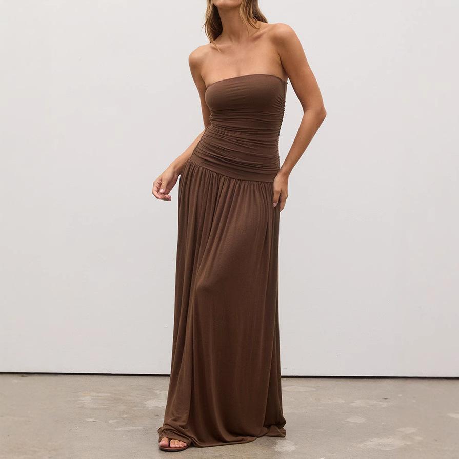 2026 European and American summer pure desire temperament elegant fashion sleeveless backless slim-fitting pleated tube top dress