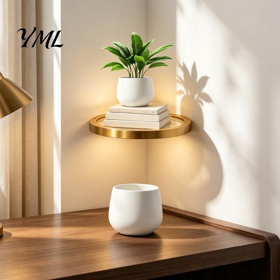 Space Saving Floating Plant Stand Wall Shelf with LED Light, Modern Gold Metal Display Rack Luxury Organizer for Plants Book, Mounted Decor
