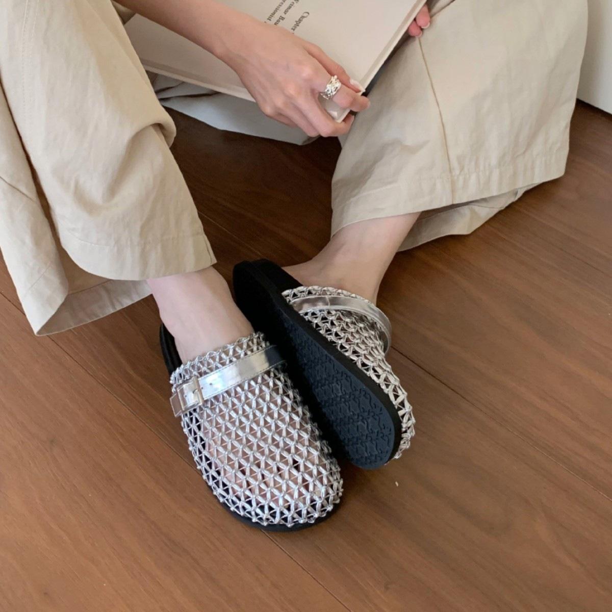 

Retro Hollowed-Out Woven Bag Head Slippers Women S Summer Wear One-Pedal Versatile Breathable Lazy Half Slippers 39