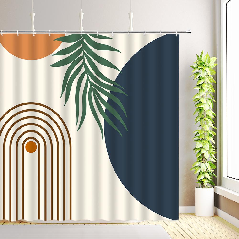 Mid Century Abstract Shower Curtain Boho Arch Sun Modern Minimalistic Plant Leaves Bathroom Decor Fabric Curtains with Hooks