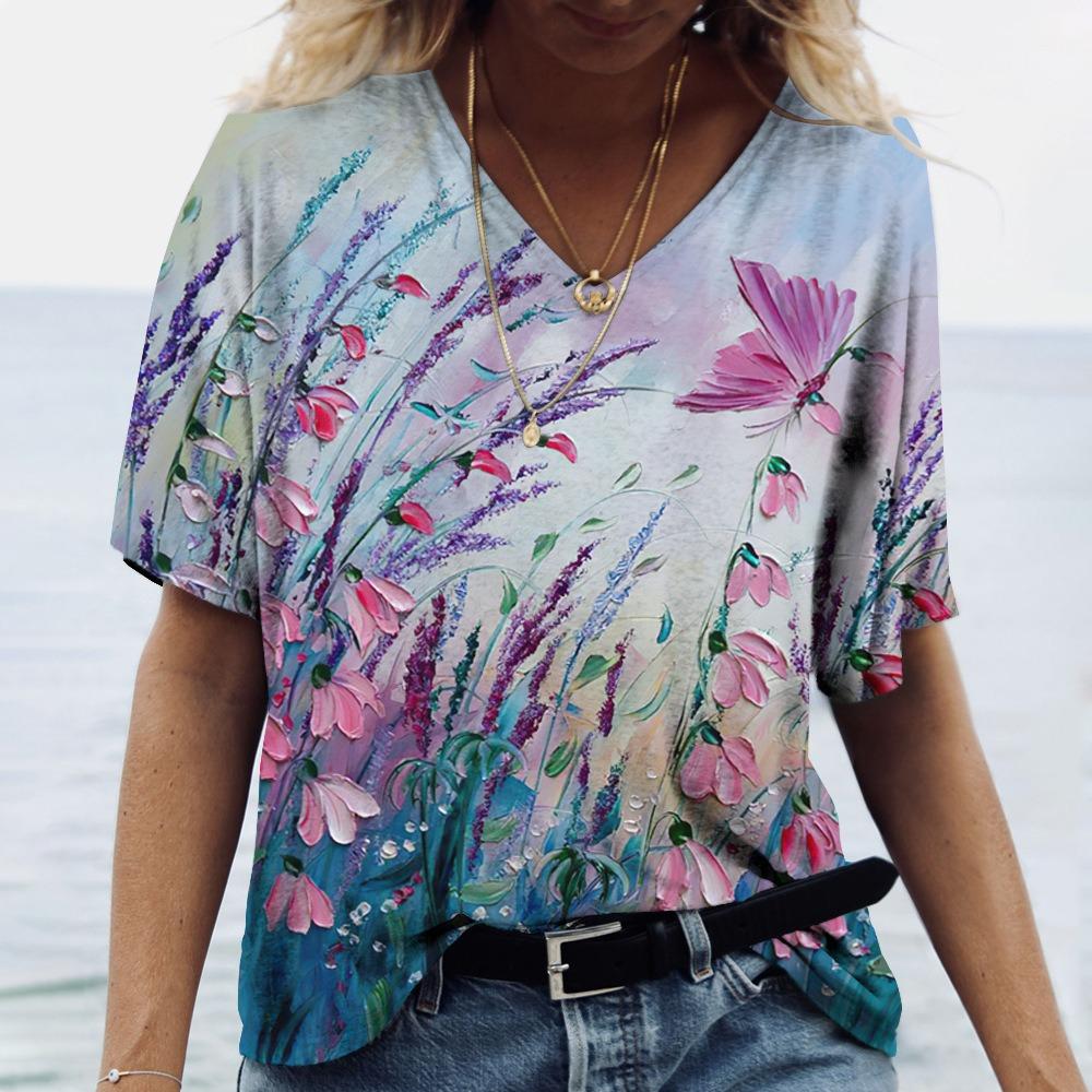 Print T-shirt Women Streetwear Casual T Shirts Y2k Tops Woman Harajuku V-Neck Tees Oversized Clothing